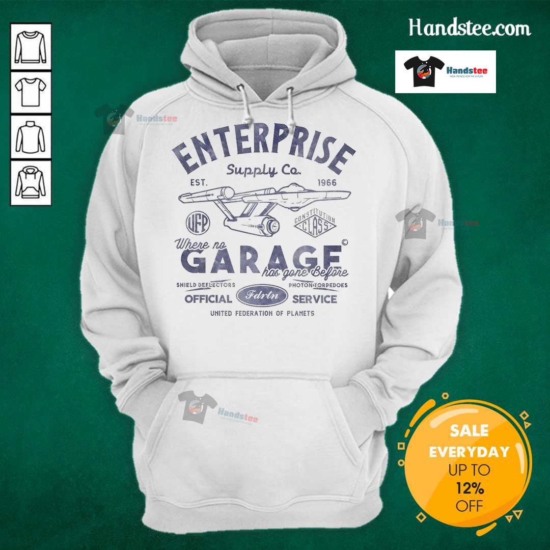 Official Enterprise Garage Est. 1966 hoodie featuring unique design, perfect for fans of sci-fi and garage culture.