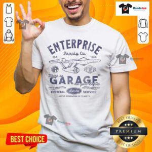Official Enterprise Garage Est 1966 T-Shirt featuring 'Where No Garage Has Gone Before' design, perfect for fans.