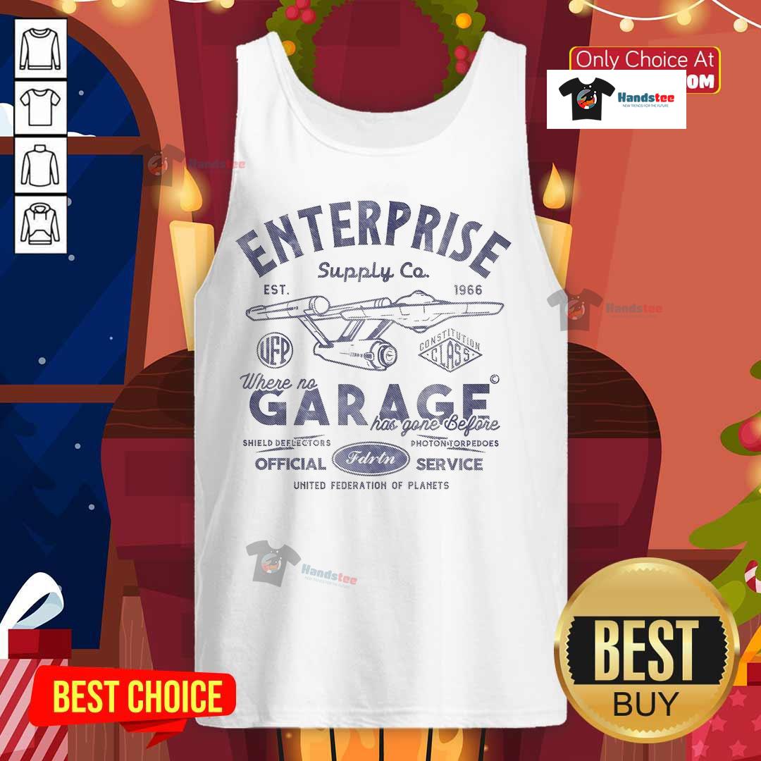 Official Enterprise Garage Est. 1966 tank top featuring a unique space-themed design for garage enthusiasts.