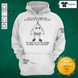 Official hoodie featuring 'Onion Boy', symbolizing blessings and blights across cultures, vibrant design and bold text.