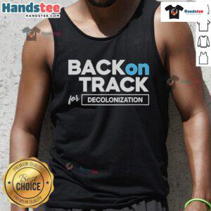 Alt Text: Isaac Ssemakadde wearing a 'Back On Track For Decolonization' tank top, promoting social justice and cultural awareness.