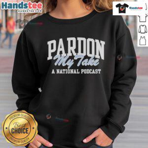 Official Pardon My Take podcast sweatshirt featuring logo, perfect for fans of the national sports podcast.