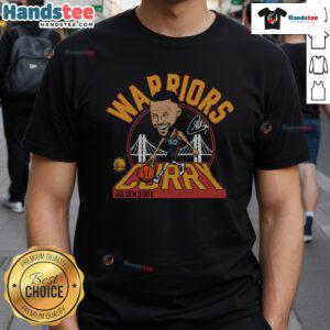 Official Warriors Stephen Curry Signature T-Shirt featuring vibrant team colors and Curry's name on the back.