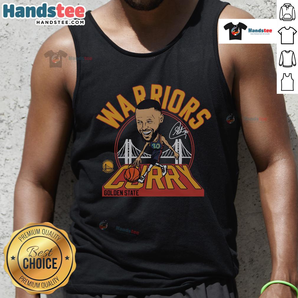 Official Warriors Stephen Curry signature tank top in vibrant blue, showcasing team logo and Curry's name for fans.