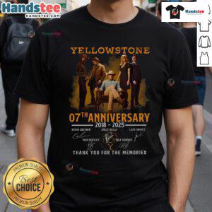 Alt Text: Official Yellowstone 7th Anniversary 2018-2025 T-Shirt featuring signature design and heartfelt 'Thank You For The Memories' message.