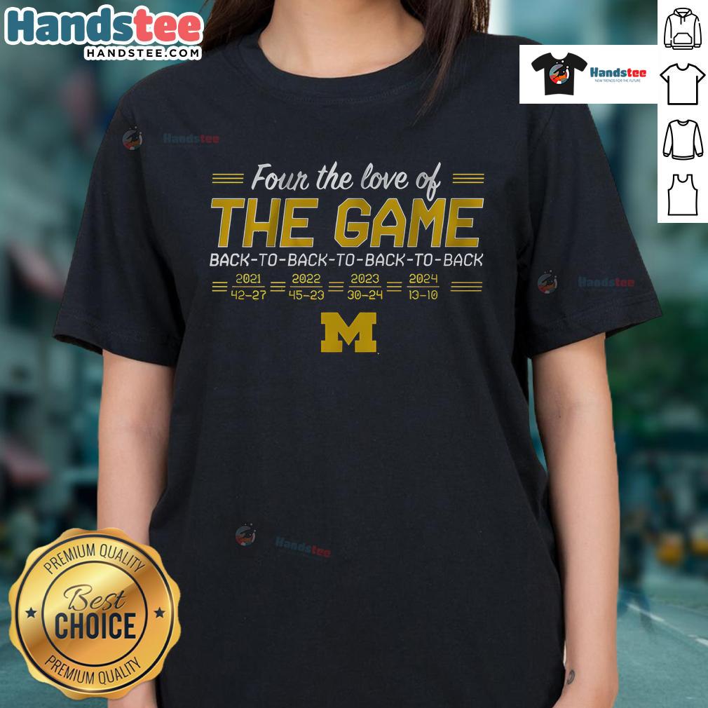 Awesome Michigan Back To Back To Back To Back In The Game Ladies Tee featuring a stylish design for fans.