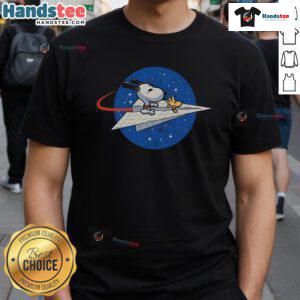 Alt Text: Awesome Snoopy Space Voyager T-Shirt featuring Snoopy in an astronaut suit against a cosmic background.