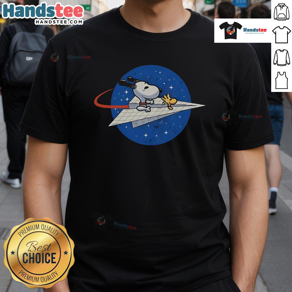 Alt Text: Awesome Snoopy Space Voyager T-Shirt featuring Snoopy in an astronaut suit against a cosmic background.