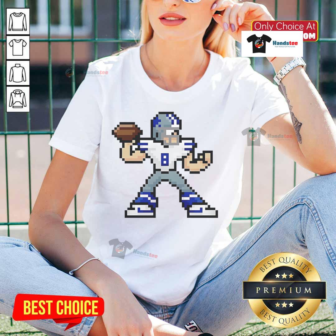 Alt Text: 8-bit cartoon of Troy Aikman, Dallas Cowboys football player, on a stylish ladies tee for fans of retro sportswear.