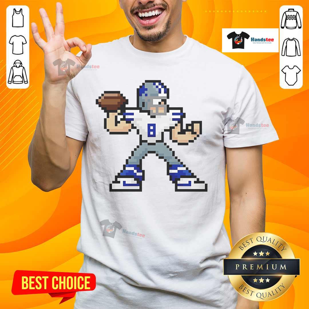 8-bit cartoon of Troy Aikman, Dallas Cowboys football player, featured on a vibrant graphic T-shirt design.