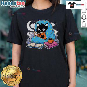 Cozy ladies tee featuring a cute cat design with books, perfect for feline lovers and book enthusiasts.