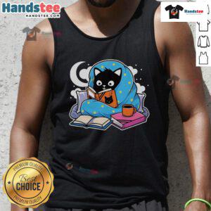 Adorable cat-themed cozy tank top featuring cute cat illustrations and books, perfect for cat lovers and casual wear.