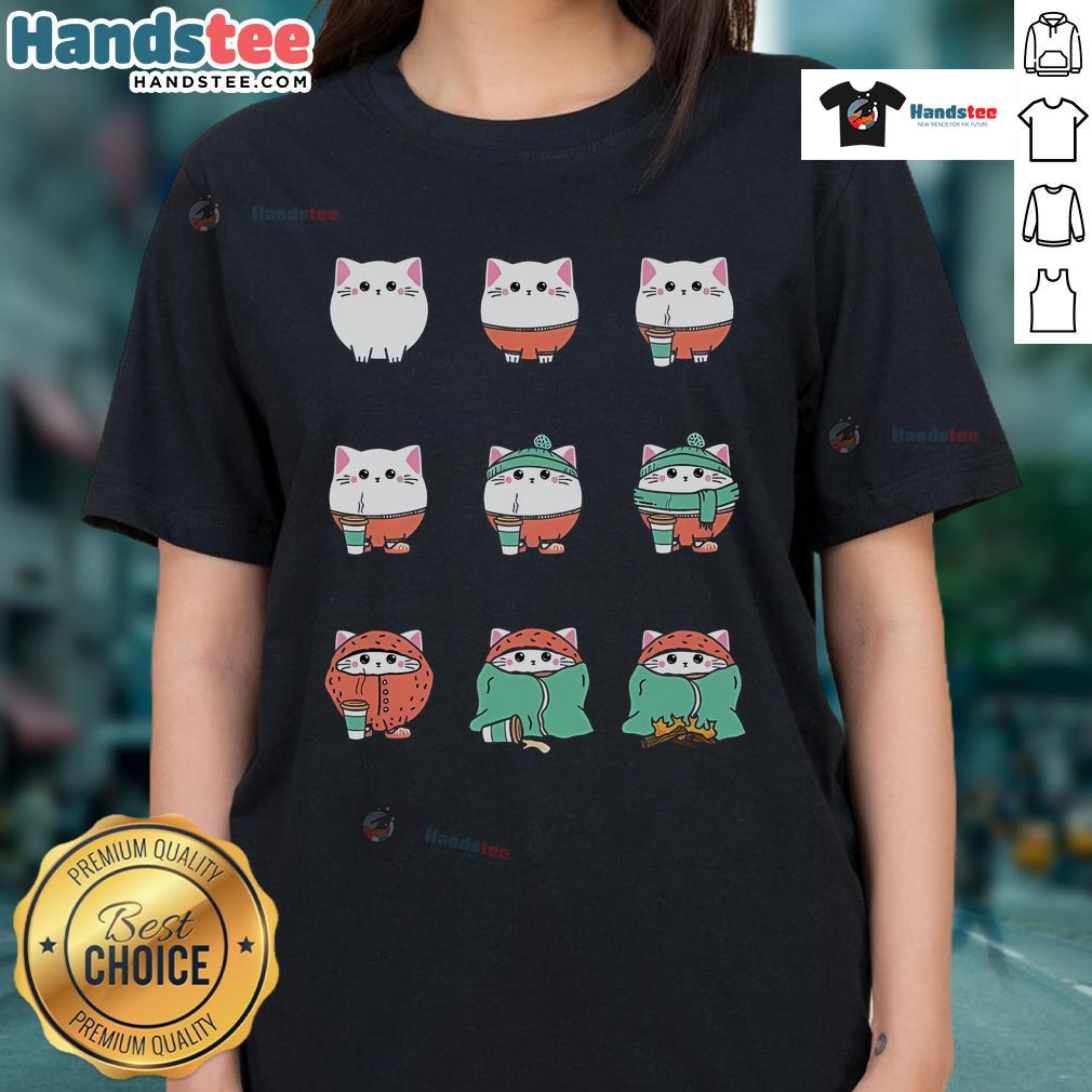 Adorable cute cat cozyfication ladies tee featuring a playful cat design, perfect for cat lovers and comfort enthusiasts.
