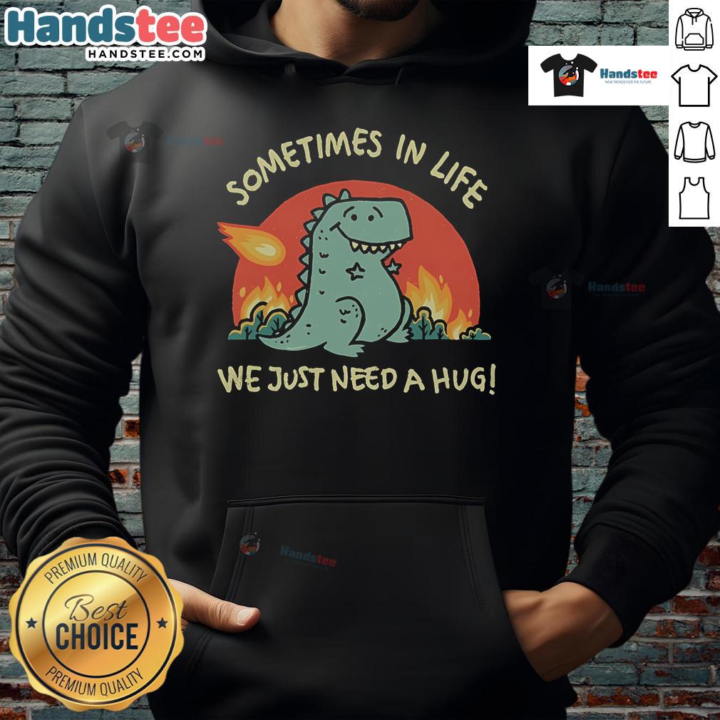 Cute dinosaur hoodie with the phrase Sometimes in life we just need a hug perfect for cozy outfits.