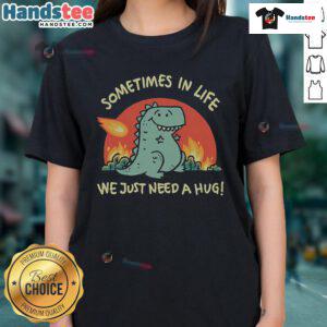 Alt Text: Cute dinosaur graphic on a ladies tee with the phrase Sometimes in life we just need a hug for comfort and style.