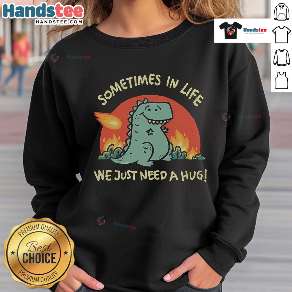 Cute dinosaur sweatshirt with the phrase 'Sometimes in life we just need a hug' for cozy, playful style.