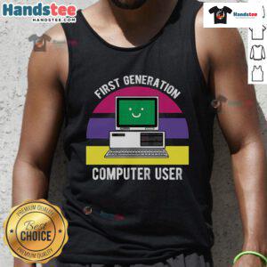 Cute first-generation computer user wearing a tank top, showcasing retro tech style and nostalgic vibes.