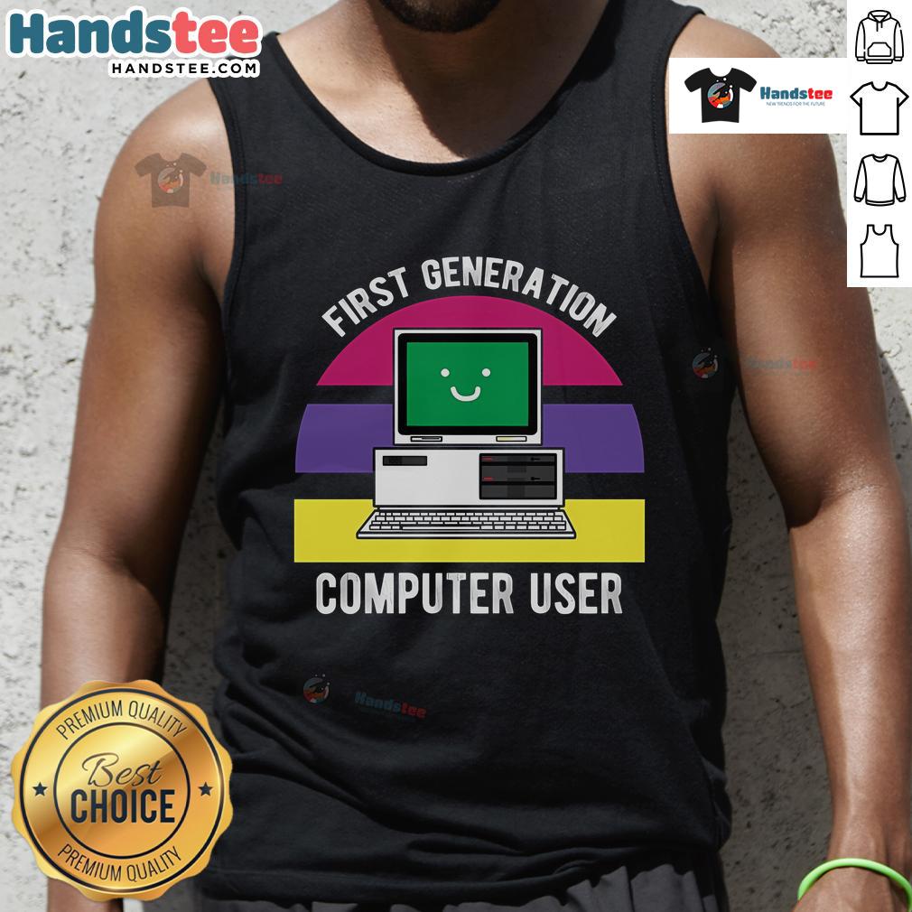Cute first-generation computer user wearing a tank top, showcasing retro tech style and nostalgic vibes.