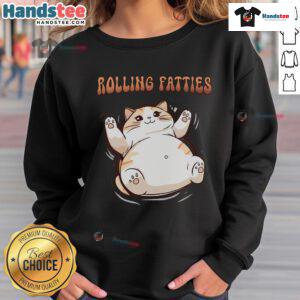 Adorable cat rolling on a colorful sweatshirt with 'Cute Funny Cat Rolling Fatties' design, perfect for cat lovers.