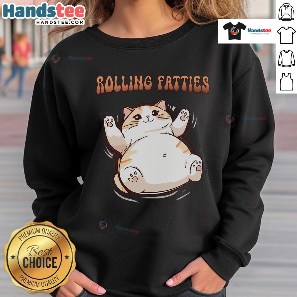 Adorable cat rolling on a colorful sweatshirt with 'Cute Funny Cat Rolling Fatties' design, perfect for cat lovers.
