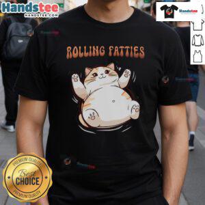Adorable funny cat rolling fatties T-shirt design featuring a playful feline and vibrant colors, perfect for cat lovers.