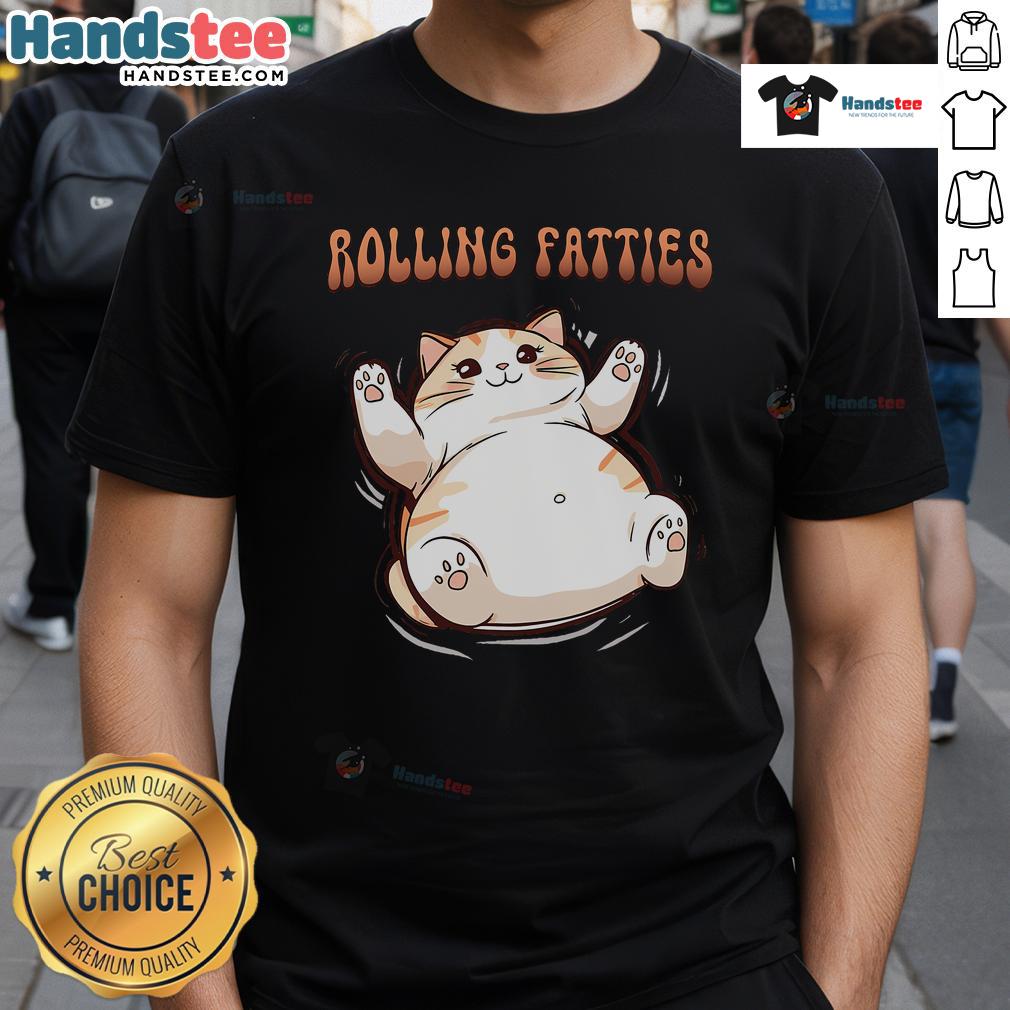 Adorable funny cat rolling fatties T-shirt design featuring a playful feline and vibrant colors, perfect for cat lovers.