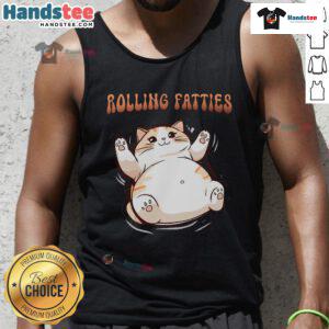 Adorable cat in a 'Rolling Fatties' tank top, showcasing a playful and humorous vibe in a cozy setting.