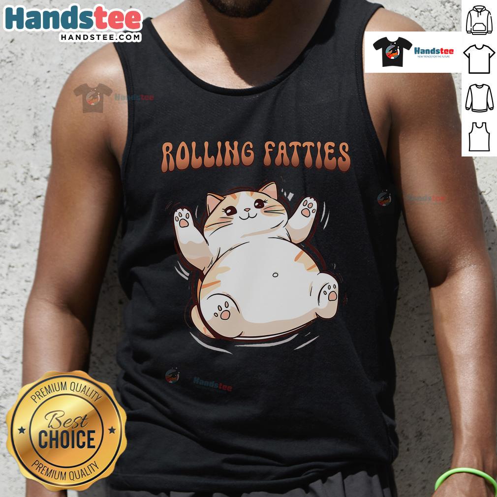 Adorable cat in a 'Rolling Fatties' tank top, showcasing a playful and humorous vibe in a cozy setting.