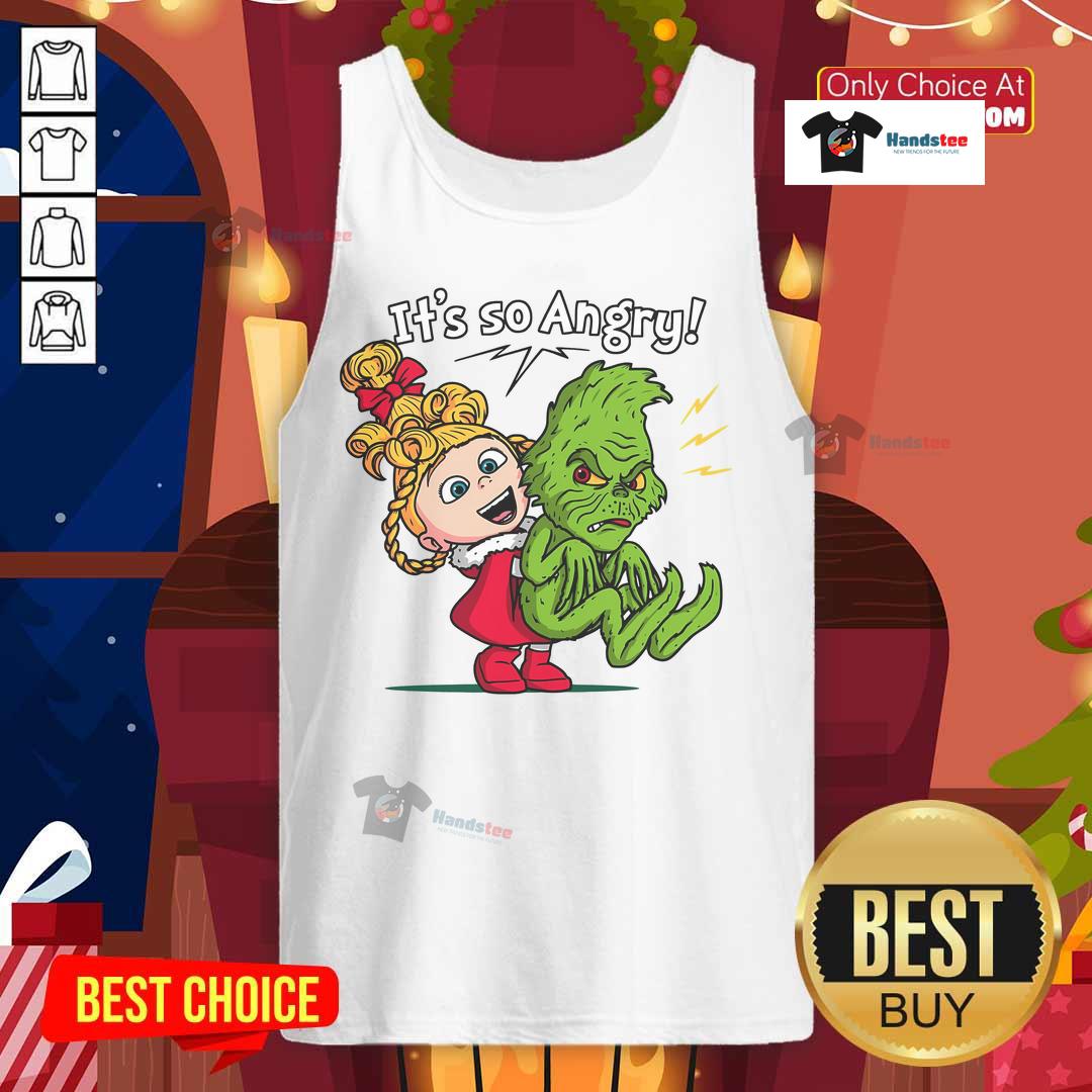 Funny 'Cute It's So Angry Grinch' tank top featuring the Grinch's iconic scowl, perfect for holiday festivities.