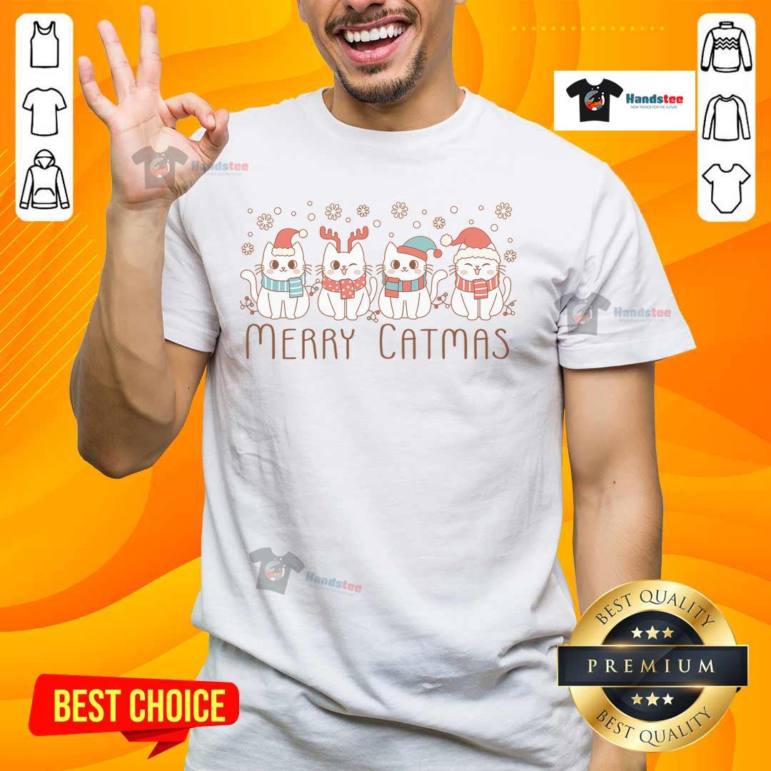 Cute Merry Catmas t-shirt featuring a festive cat design, perfect for the freezing season and Meowy Christmas celebrations.