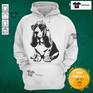 Funny Basset Hound wearing sunglasses and a hoodie, showcasing its hipster style in a playful pose.