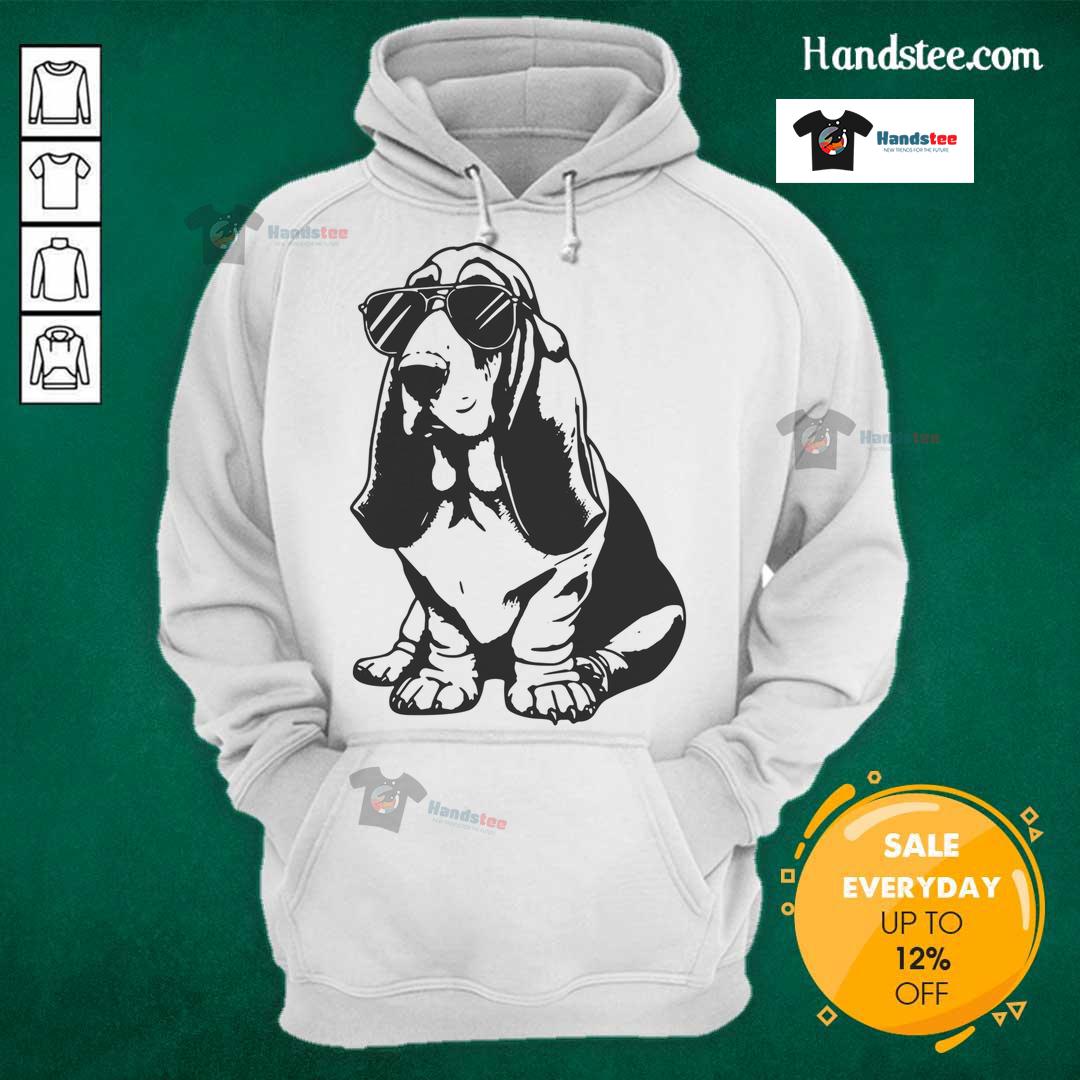 Funny Basset Hound wearing sunglasses and a hoodie, showcasing its hipster style in a playful pose.