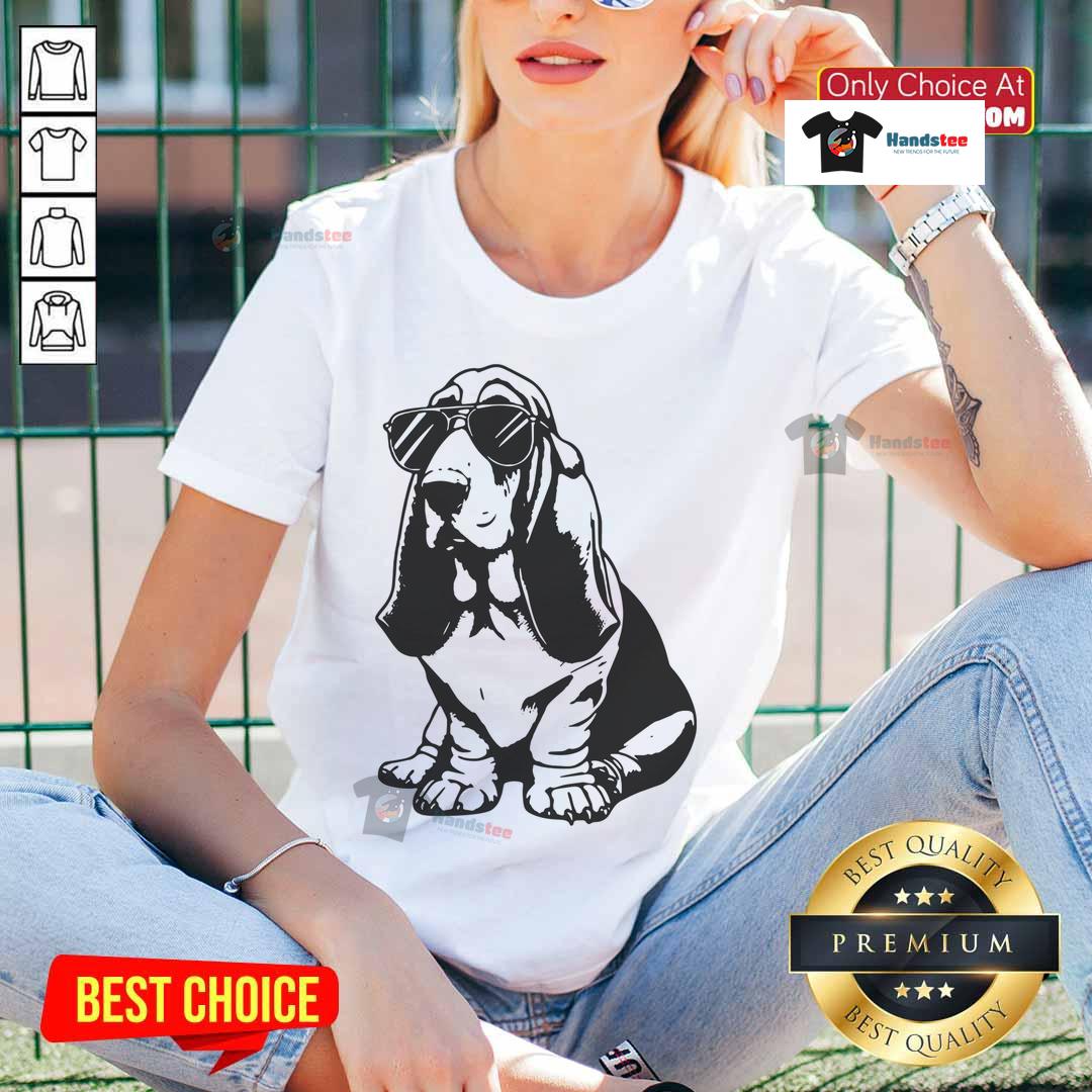 Funny Basset Hound wearing sunglasses, perfect for hipster dog lovers - stylish ladies' tee design.