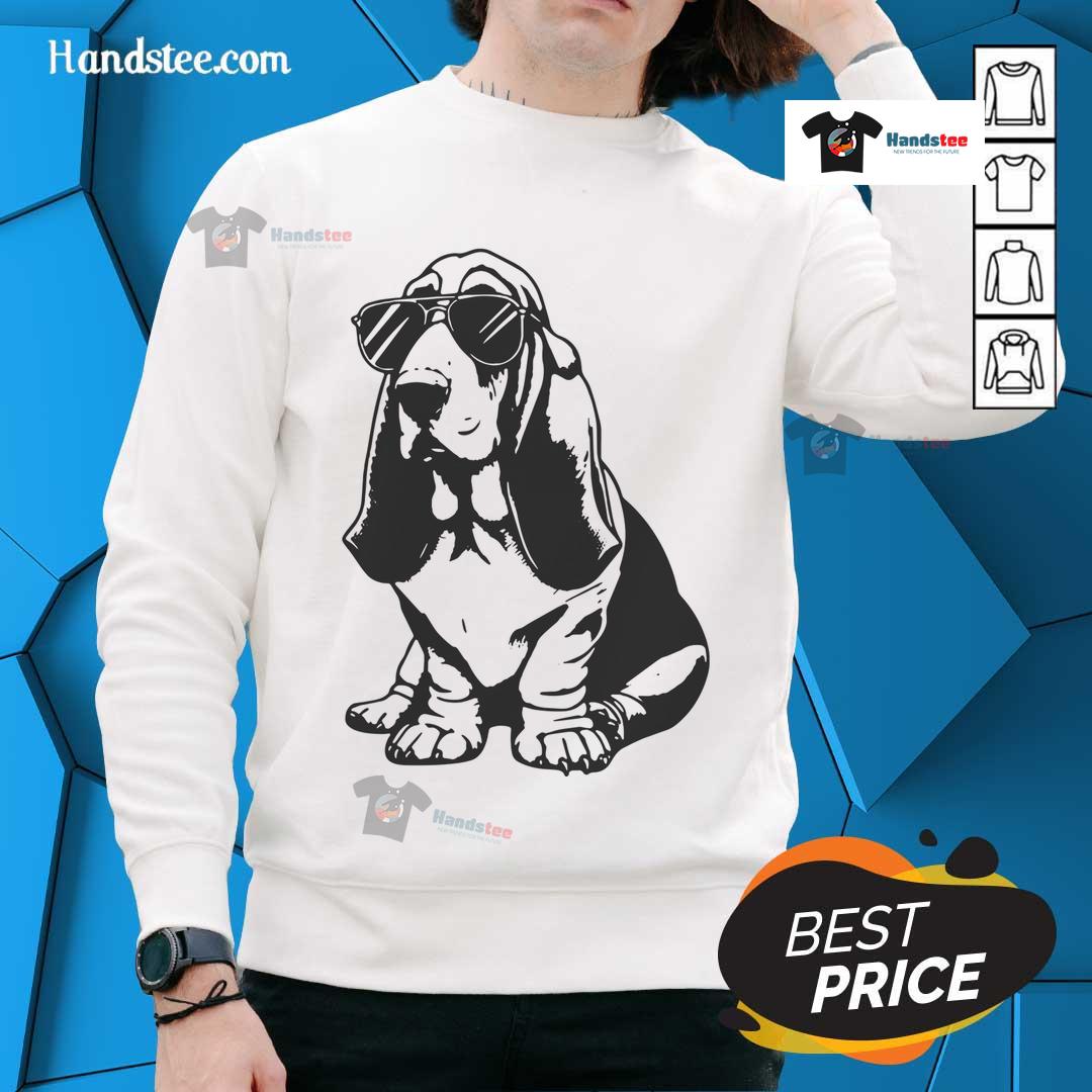 Funny Basset Hound wearing sunglasses in a hipster dog sweatshirt, showcasing adorable canine style and personality.