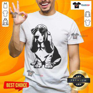 Funny Basset Hound with sunglasses on a hipster dog T-shirt, showcasing a playful and stylish pet design.