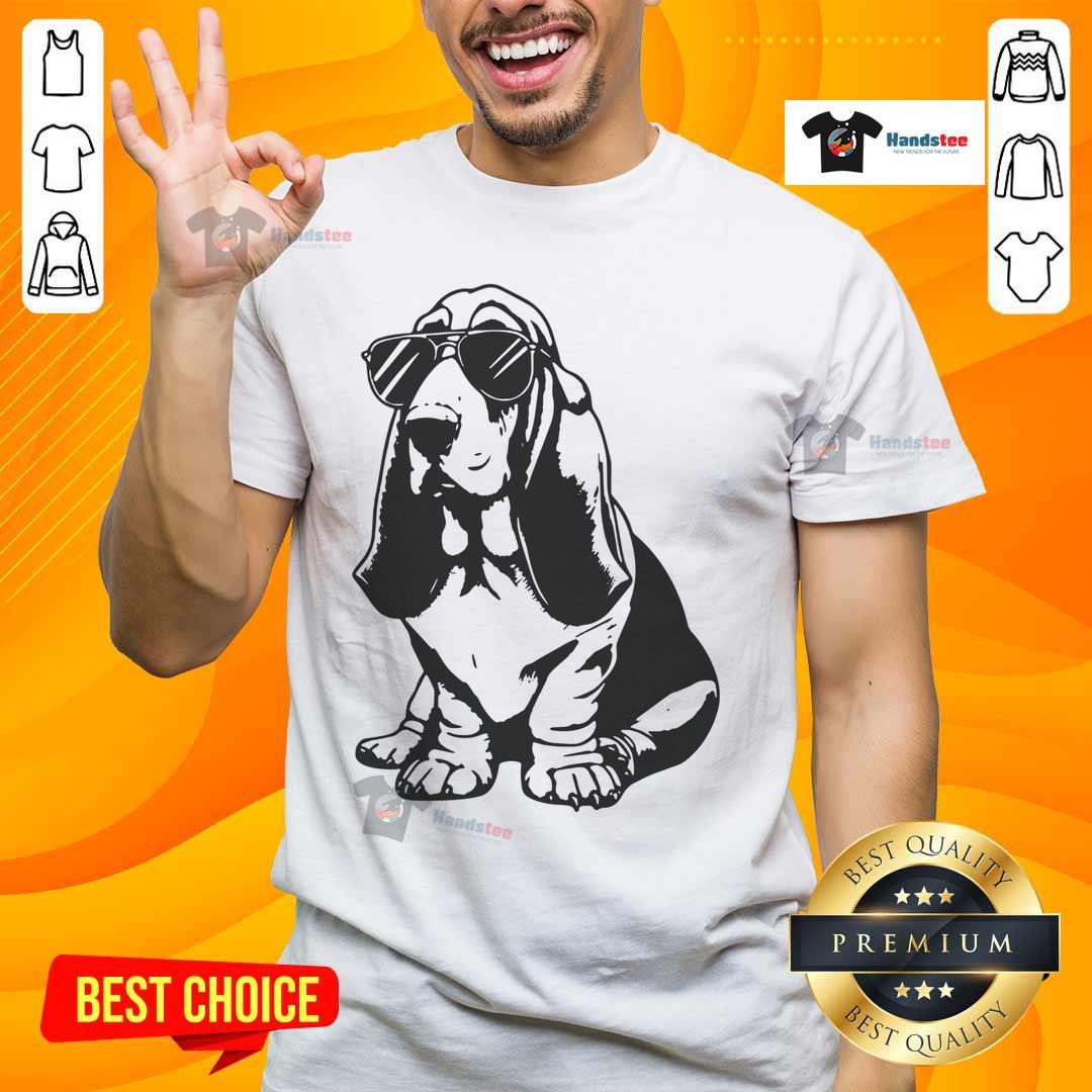 Funny Basset Hound with sunglasses on a hipster dog T-shirt, showcasing a playful and stylish pet design.