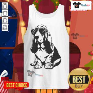 Funny Basset Hound wearing sunglasses and a hipster dog tank top, showcasing a playful and stylish canine vibe.