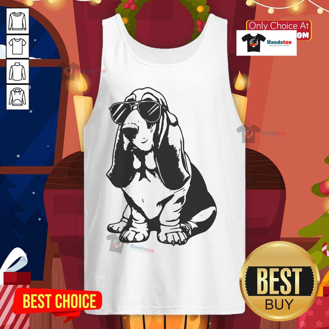 Funny Basset Hound wearing sunglasses and a hipster dog tank top, showcasing a playful and stylish canine vibe.