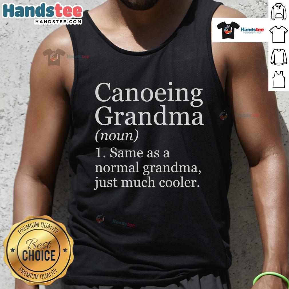 Funny canoeing grandma in a water sports tank top, showcasing humor and adventure in outdoor activities.