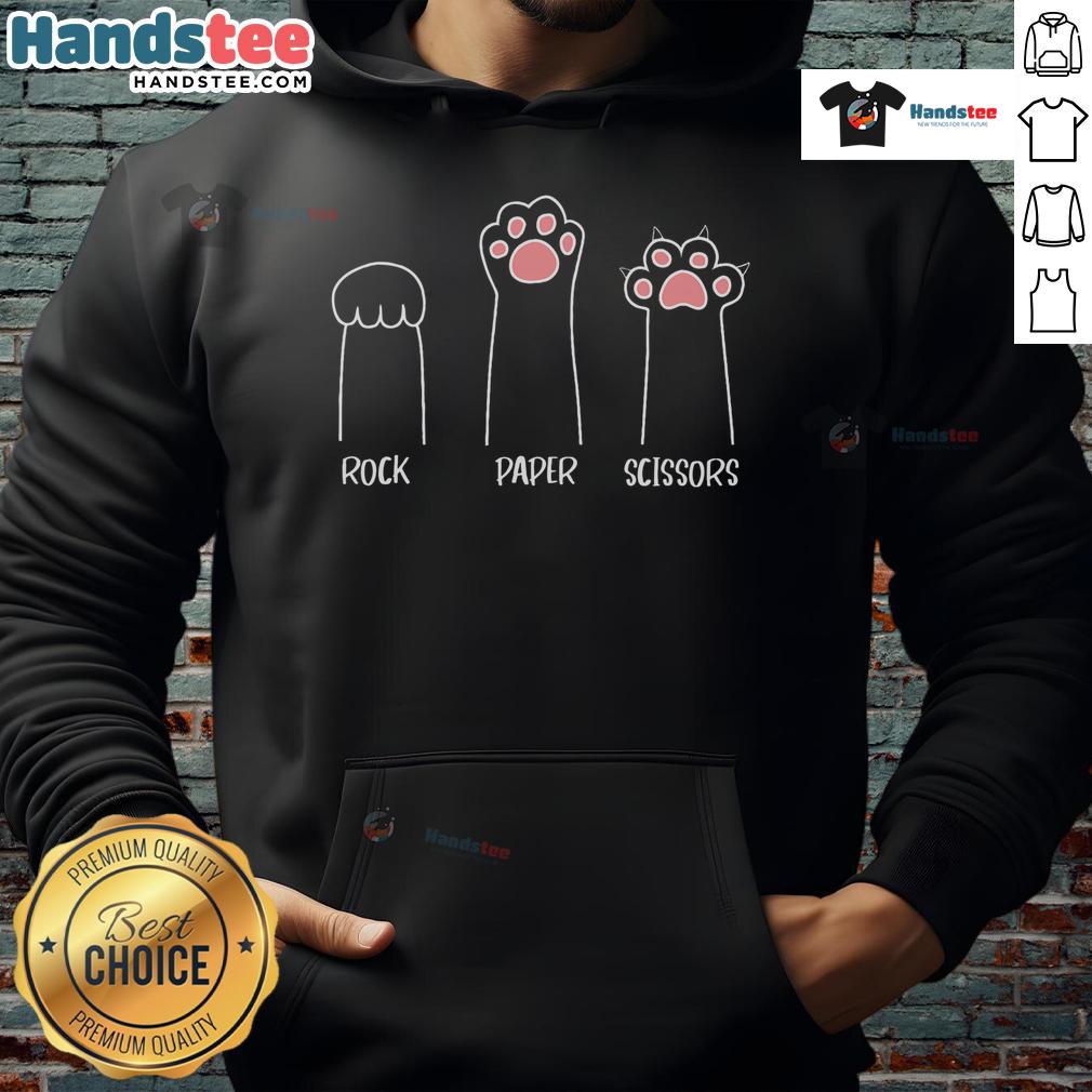 Funny cat in a cute paw hoodie playing rock paper scissors, showcasing a playful expression and adorable features.