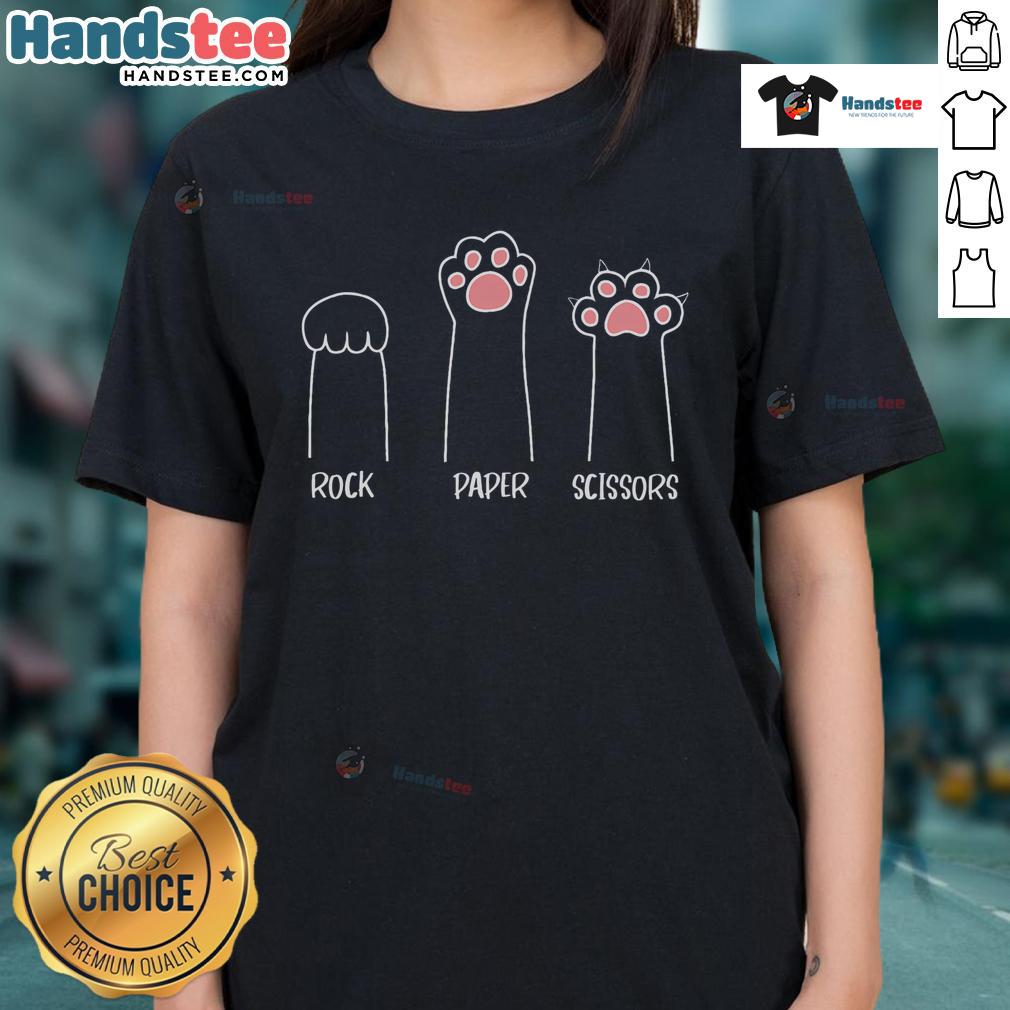 Funny cat playing rock-paper-scissors with cute paw design on a ladies tee, perfect for feline lovers and gamers.