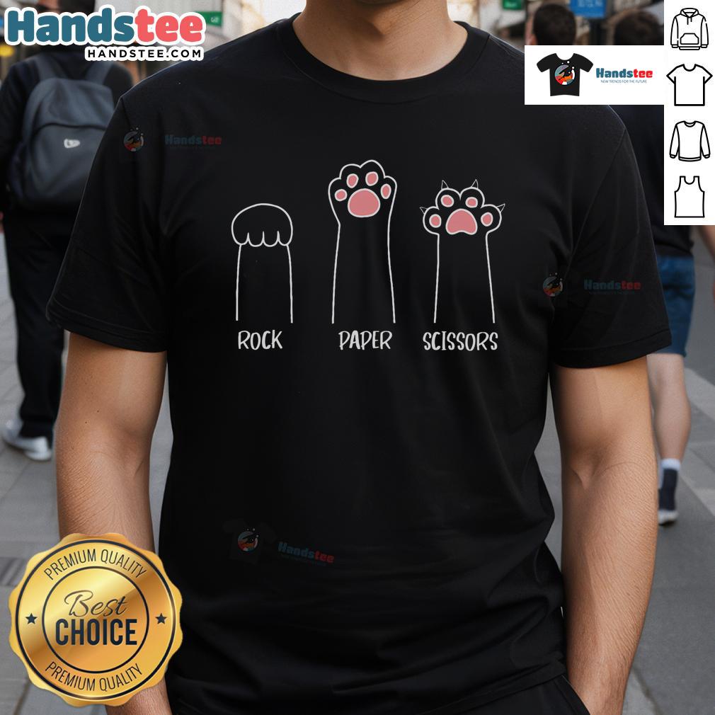 Cute cat playing rock paper scissors with its paw on a fun T-shirt design, perfect for cat lovers and gamers.