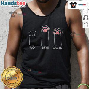 Cute cat playing rock-paper-scissors with a paw, wearing a funny tank top. Perfect for cat lovers and humor enthusiasts!