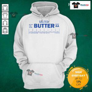 Funny foodie baker in a cozy salted butter hoodie, joyfully mixing ingredients in a bright kitchen.