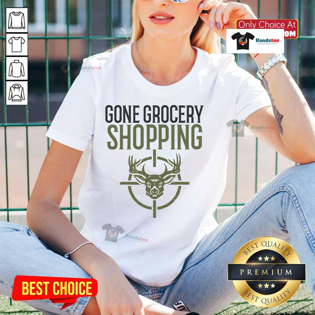 Alt Text: Funny Gone Grocery Shopping tee for hunters, featuring deer hunting ladies in a humorous design.