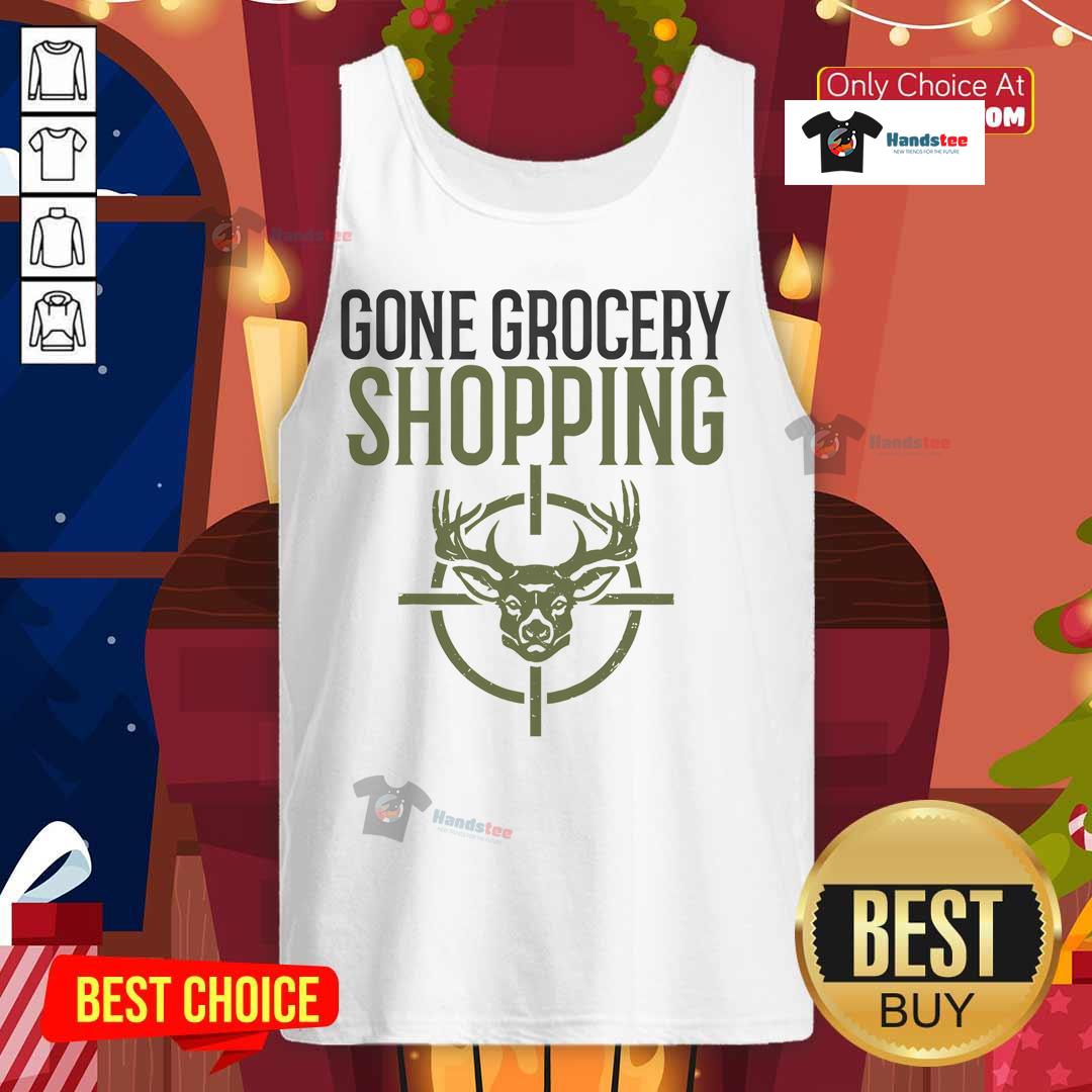 Funny Gone Grocery Shopping tank top featuring hunters and deer hunting graphics, perfect for outdoor enthusiasts.