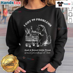 Funny 'I Got 99 Problems' vintage retro cat sweatshirt for trendy grocery shopping enthusiasts.