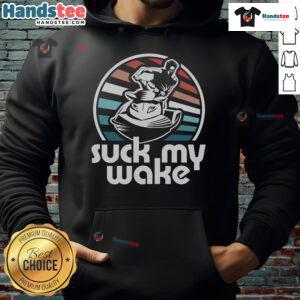Retro jet skiing hoodie featuring a funny 'Suck My Wake' design, perfect for water sports enthusiasts and jet ski lovers.