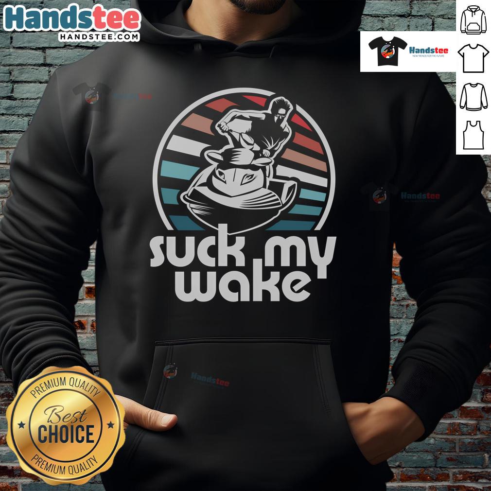 Retro jet skiing hoodie featuring a funny 'Suck My Wake' design, perfect for water sports enthusiasts and jet ski lovers.