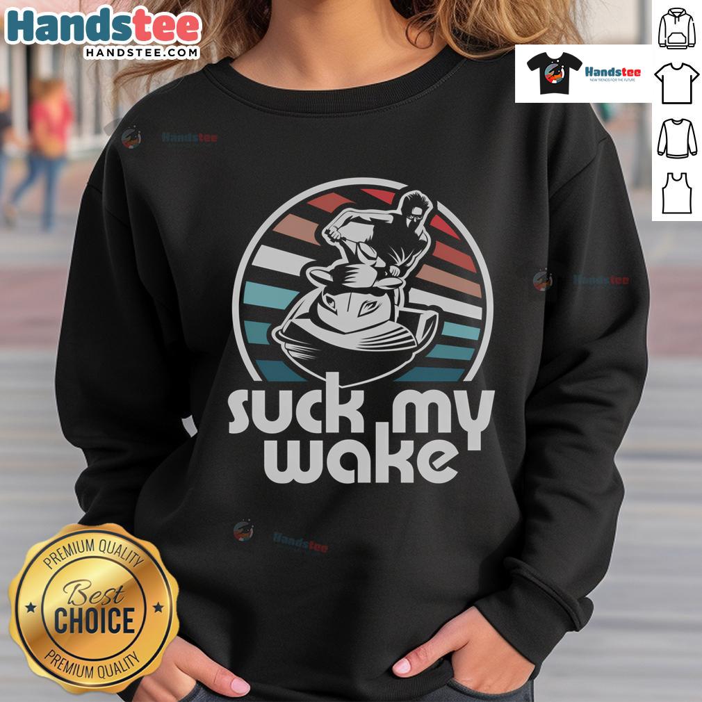 Funny Jet Ski Suck My Wake retro sweatshirt design featuring a vibrant jet ski graphic on a stylish background.
